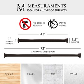 MERIVILLE 1-inch Diameter Metal Spring Tension Rod, Closet Rod, Tension Curtain Rod, Shower Curtain Rod, (42"-72", Oil-Rubbed Bronze)