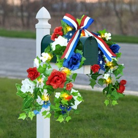 HOSY Pre-lit Mailbox Swag with Solar Powered LED Lights, Red White & Blue Roses Patriotic Theme Decoration for Independence Day