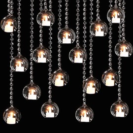 GlikCeil 17 Pcs 3.15'' Hanging Glass Tealight Holder Globe and Clear K9 Crystal Garland Strands, Hanging Glass Terrarium Glass containers for Wedding Party Tree Decoration