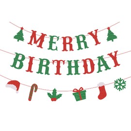 Saliyaa Merry Birthday Banner,3PCS Glittery Merry Christmas Birthday Banner,Red & Green Christmas Party Decorations,Xmas Birthday Decor,Drink Up Grinches Christmas Birthday Decorations Gifts Supplies