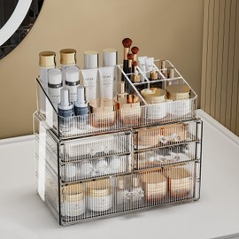 ZHIAI Clear Makeup Organizer for Vanity - Organize Your Beauty Essentials with Make Up Organizers and Storage, Multi-Purpose Bathroom Organizer Jewelry Holder Organizer, (1 Top 5 Drawers)