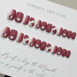 Heart Press on Nails Short Square Fake Nails Cute Valentine's Acrylic Glue on Nails with Heart Designs Glossy Reusable Pink White Gradient False Nails for Women Girls Nail Art Decoration 24Pcs