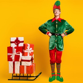 7 Pcs Christmas Accessories Set - Elf Hat, Shoes, Striped Tights, Bell Necklace, Wrist Bells for Men Women