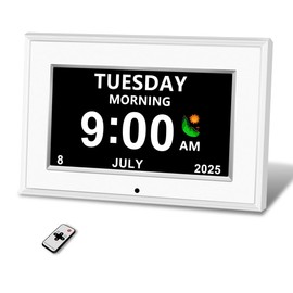 MYFMLI Digital Alarm Clock for Seniors - No-Abbreviation Date HD Display Auto Dimming Photo FrameWhite Noise DST Adjustment, for Elders(7inch White)