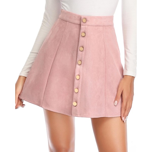 Fuinloth Women's Faux Suede Skirt Button Closure A-Line High Wasit