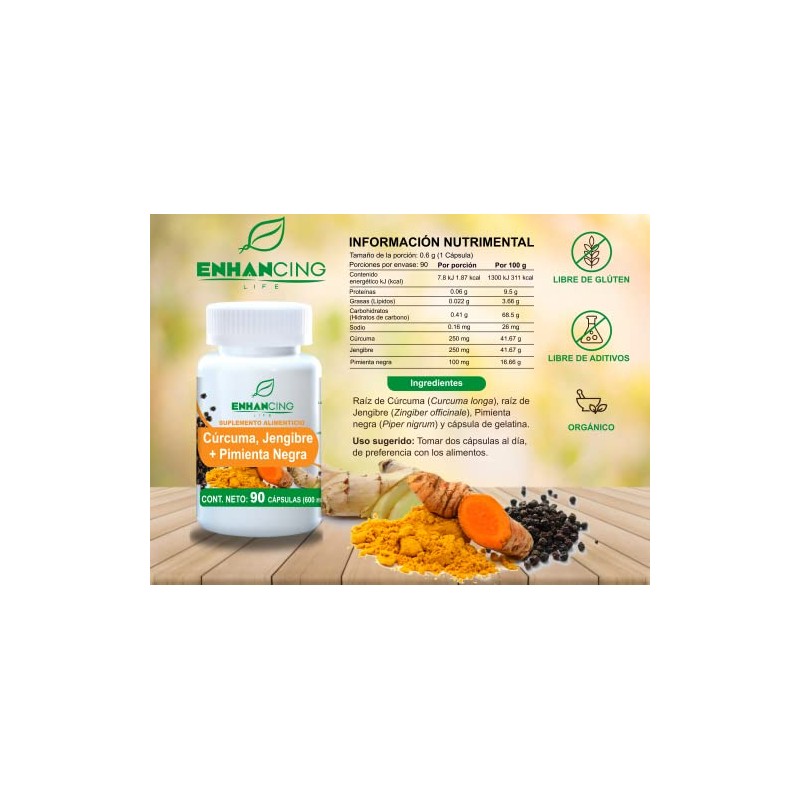 CÚRCUMA, JENGIBRE Y PIMIENTA NEGRA PARA MÁXIMA ABSORCIÓN FORMULA PREMIUM