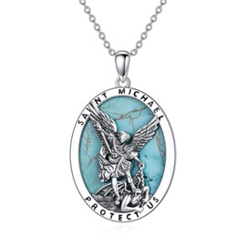 Natural Turquoise Saint Michael Necklace for Women S925 Sterling Silver Saint Archangel Miracle Medal Pendant Necklace Religious Jewelry for Mom Wife