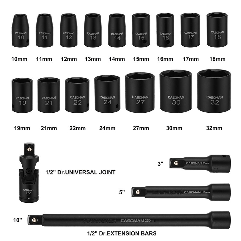 CASOMAN 1/2-Inch Drive Shallow Impact Socket Set, Metric, 10mm-32mm, CR-V,