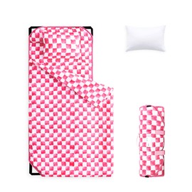 Wake In Cloud - Cot Nap Mat with Pillow and Blanket, for Toddler Kids Boys Girls in Daycare Kindergarten Preschool Pre K with Elastic Corner Straps, Gingham Grid Checkered, Hot Pink White