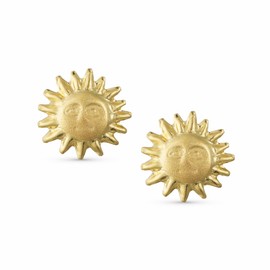 Small Real Yellow 10K Gold Double Piercing Chain Sky Star Crescent Moon Two Hole Earring Ear Cartilage Sun & Star Stud Earrings for Women Teenagers, 7, Yellow Gold, No Gemstone