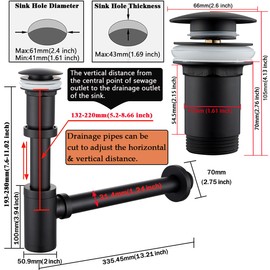 RANDOM Black Brass Bottle P Trap Kit Contemporary Round Bottle P-Trap 1 1/4 with Pop Up Drain With Overflow Matte Black.83888MB-S6