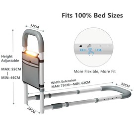 Yornoli Bed Rail for Elderly Adults - Motion-Sensing Light, Adjustable Non-Slip Grip Handle, Sturdy Steel Frame | Easy Installation with Storage Pocket | Safety & Support for Seniors