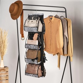 CLOZZERS 8 Pocket Hanging Purse Organizer for Closet, Handbag Storage with Clear Vinyl Pockets. Animal Print Black