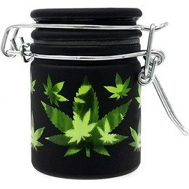 Airtight Glass Herb Mini Stash Jar with Clamping Lid in Choice of Design (Black Frosted with Green Leaf)