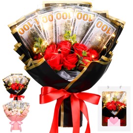 Zeyune Graduation Mother's Day Money Bouquet Kit with Gift Box and LED Light String Artificial DIY Rose Flower Bouquet for Women Men Birthday Anniversary Wedding Christmas Party(Red)