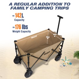 Chihee Folding Beach Wagon Cart Garden Cart Heavy-Duty with 2 Cup Holders,Camp Cart for Gimballed Wheels with Braking System Large Capacity Removable Fabric,for Sporting Events,Camping,Beach Trips