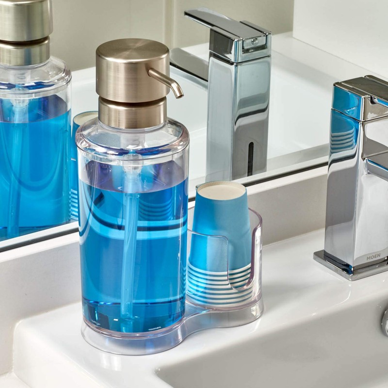 iDesign Mouthwash Dispenser Pump with Attached Paper Cup Holder Caddy,