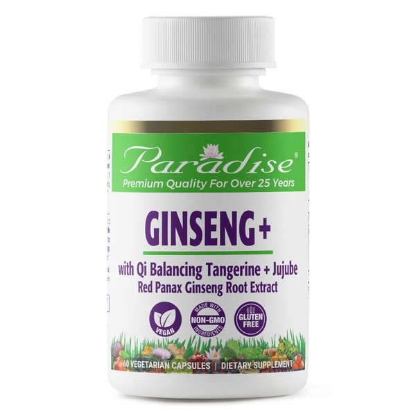 Paradise Herbs Ginseng Root Extract for Energy & Well-Being, Vegan, Non GMO, Gluten Free, Vitamin B1, B2 & B12, 60 Capsules
