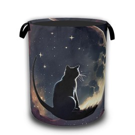 Black Cat Laundry Hamper,Moon Night Collapsible Laundry Baskets Waterproof Oxford Cloth With Handles,Clothes Storage Bucket Toy Organizer For Bathroom/Nursery/Bedroom 16" x 20.8"
