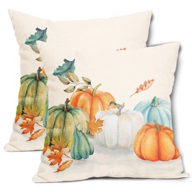 Fall Maple Leaves Pillow Covers 16X16 Inch Teal Orange White Green Pumpkins Decorative Couch Pillow Cases Set of 2 Autumn Thanksgiving Throw Pillows Farm Decor For Room Porch Patio Couch Outdoor