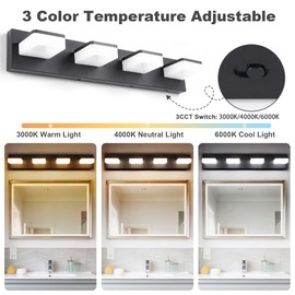 3 Colors Dimmable Black Vanity Lights for Bathroom LED 4 Light Bathroom Vanity Light Fixtures Acrylic Stainless Steel Bathroom Light Fixtures over Mirror, Adjustable 3000K/4000K/6000K, 360° Rotate