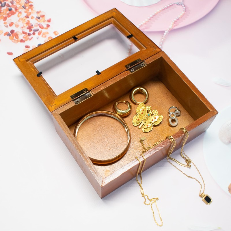 HaoGludi Wood Storage Box with Window, Rustic Style Square Pine