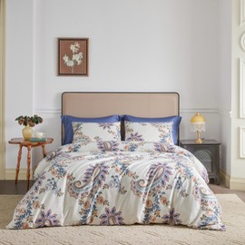 YuHeGuoJi Blue Damask Duvet Cover King 100% Egyptian Cotton Vintage Southwestern Paisley Duvet Cover 3 Pcs Set 1 White Boho Botanical Duvet Cover with Zipper Ties 2 Pillowcase Floral Bedding