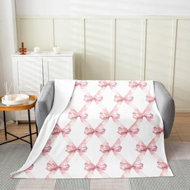 Pink Bowknot Throw Blanket for Kids,Dreamy Princess Style Kids Girls Fleece Throw Blanket for Bedroom Sofa Dorm Decor,Watercolor Bow Geometric Grids White Blanket,40 x 50 Inches