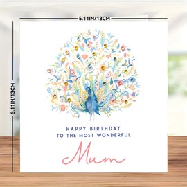 Birthday Cards for Women, Pack of one Delicate Peacock Mum Birthday Card with White Envelope,Blank Birthday Greeting Cards, Happy Birthday Mum Card, Birthday Card for Mum from Son Daughter