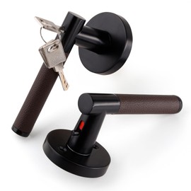 Bak Bo Bedroom Privacy Door Lock with Key, Brown Leather Door Lever, Matte Black Push-Button Door Handle with Red-Green Indicators, Reversible Heavy Duty Zinc Alloy Door Lock PGS-MB-Z-1