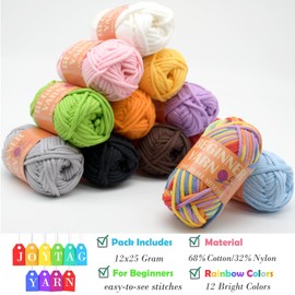 12 Pack Beginners Crochet Yarn Blue Green Pink Purple Yellow Rainbow Cotton Easy Crochet Yarn for Crocheting Knitting Beginners with Easy-to-See Stitches Mini Beginner Crochet Kit(12x25g)