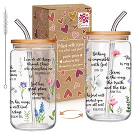 Christian Gifts for Women, Bible Verses Glass Cups Tumbler Cups W Lids Straws, Inspirational Religious Birthday Gifts, Baptism Confirmation Cup, Catholic Spiritual Gift for Sister Friends Coworkers