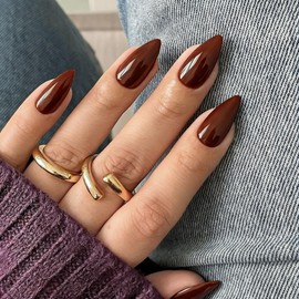 SXVME Dark Brown Press On Nails Almond - Acrylic Press On Nails Medium Stiletto, Opaque Solid Brown Fake Nails with Glue, Fit Perfectly, Reusable Soft Gel Stick on Nails for Women Fall, 24 Pcs