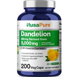 NusaPure Dandelion Root 20:1 Extract, 250 mg Equivalent to 5000mg 200 Veg Capsules (Vegan, Non-GMO)