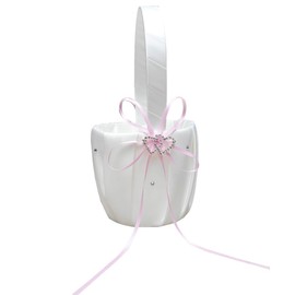 he andi Wedding Flower Girl Basket with Double Heart Rhinestone Decor (Pink)
