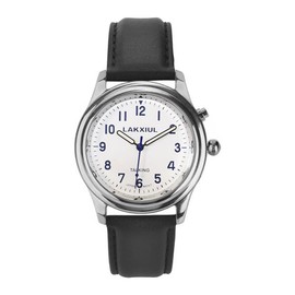 LAKXIUL French talking watch Silver case, black leather strap, men's style