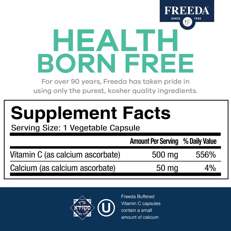 FREEDA Buffered Vitamin C 500mg – Non-Acidic Calcium Ascorbate –