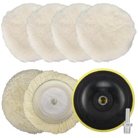 Baisiky 5 Inch Buffing Wool Pads 8PCS Kits,Polishing Pad Buffing Wheel for Drill Woolen Wax Pad and Hook & Loop Backing Plate with M14 Drill Adapter for Car & Boat Polishing, Waxing, Sealing, Glaze