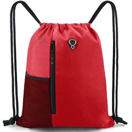BeeGreen Red Lightweight Drawstring Backpack For Women W Water Bottle Pocket &Front Zippered Pocket Large Sports String Sackpack For Traveling Yoga Beach Outdoor Gym