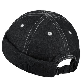 Clakllie Denim Cotton Docker Cap Men's Embroidery Sailor Hat Hip Hop Docker Hat Adjustable Harbour Cap Without Peak Rolled Cuff Fishing Hat, CDGE-HBMH1-Black, Unit size