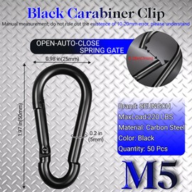 50 Pack 1.97" Heavy Duty Carabiner Clips, M5 Black Galvanized Steel Spring Snap Hooks, Rust-Resistant Keychain Clips for Hammock, Camping, Hiking, Fishing, Swing Set