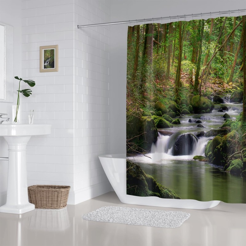 ZXMBF Nature Shower Curtain Flowing Stream Forest Waterfall Natural Landscape