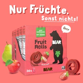 BEAR Fruchtrollen Erdbeere | 100% Natürliche Inhaltsstoffe | Ohne Zusatz von Zucker | Gesunder Snack für Kinder & Erwachsene | 30 Beutel x 20g | 600g