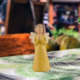 Angel Figurine Wings Praying Yellow Angel Statue to Express Sympathy Handmade Sculpture for Tabletop Decoration Indoor 5.83''Inch