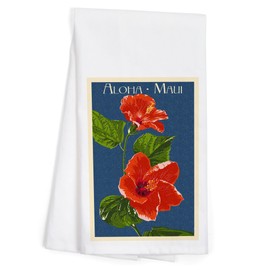 Maui, Hawaii, Aloha, Red Hibiscus Flower Letterpress (100% Cotton Tea Towel, Decorative Hand Towel, Kitchen and Home)