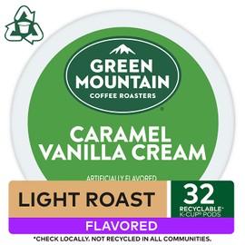 Green Mountain Coffee Roasters Caramel Vanilla Cream, Single-Serve Keurig K-Cup Pods, Flavored Light Roast Coffee, 32 Count