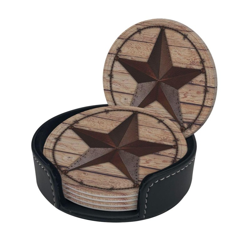 6 Pcs Western Metal Texas Brown Star Leather Coasters for