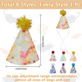 CREATCABIN 6Pcs Dog Birthday Hats Cat Birthday Hat Small Party Hats Mini Puppy Hats with Pompons Adjustable Headbands Leather Pet Hat for Kittens Rabbits Animals Friends Pet Grooming Costume 4.3x4.7in