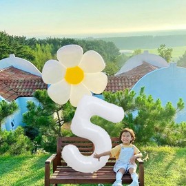 YFHVJTKO 40 Inch White Number 5 Daisy Balloons Set，Happy 5th Birthday Party Decorations, 5 Daisy Balloons, 5th Daisy Foil Balloons for Party, Birthday, Baby Shower, Wedding Deco (White set 5)