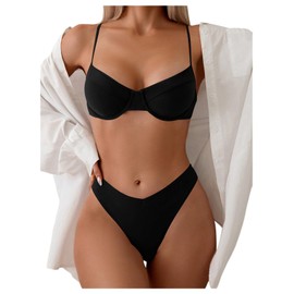SweatyRocks Women's 2 Piece Bikini Set Spaghetti Strap High Cut Push Up Underwire Swimsuit Solid Black X-Large